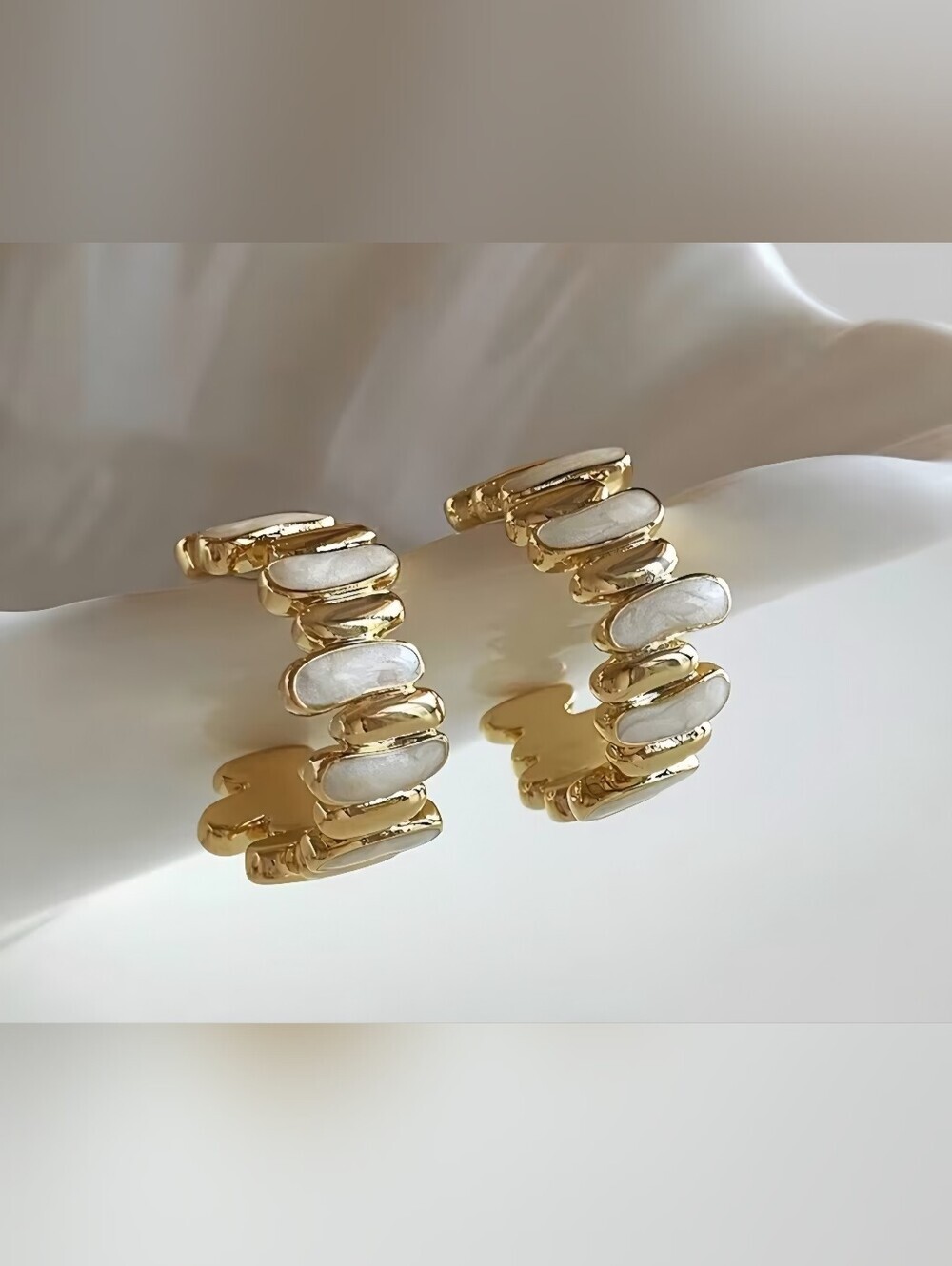 Gold Hoop Earrings with White Inlay Accents NWT